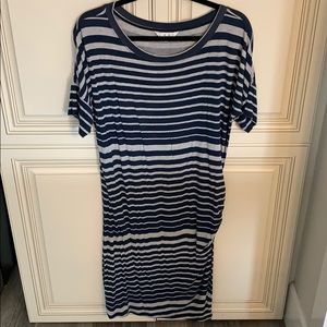 CAbi blue and grey striped lounge dress